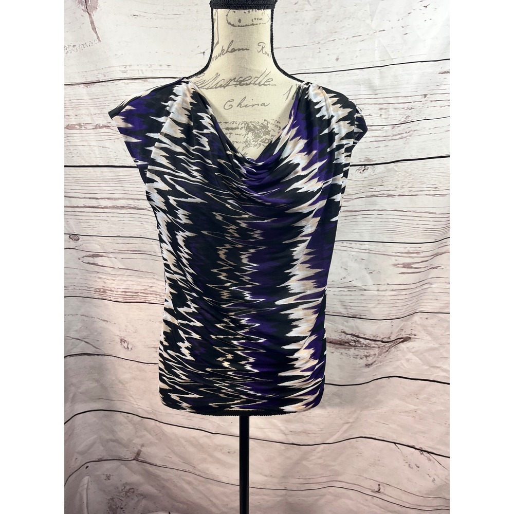 Liz Claiborne Petite Top PS Purple Black White Abstract Cowl‎ Neck Sleeveless